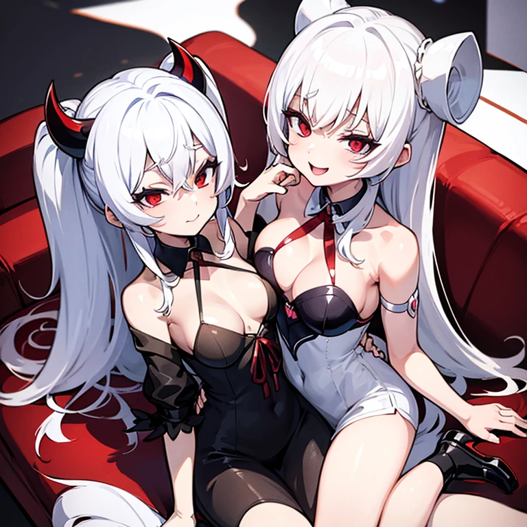 Anime girl with white hair and red eyes sitting on a sofa, Anime drawing by Shitao, Pixiv, Process Art, , gapmoe yandere, White-haired God, zerochan art, change in dress, Enchanting anime girl, change, , Devil Anime Girl, shikamimi, Anime Moe Art Style