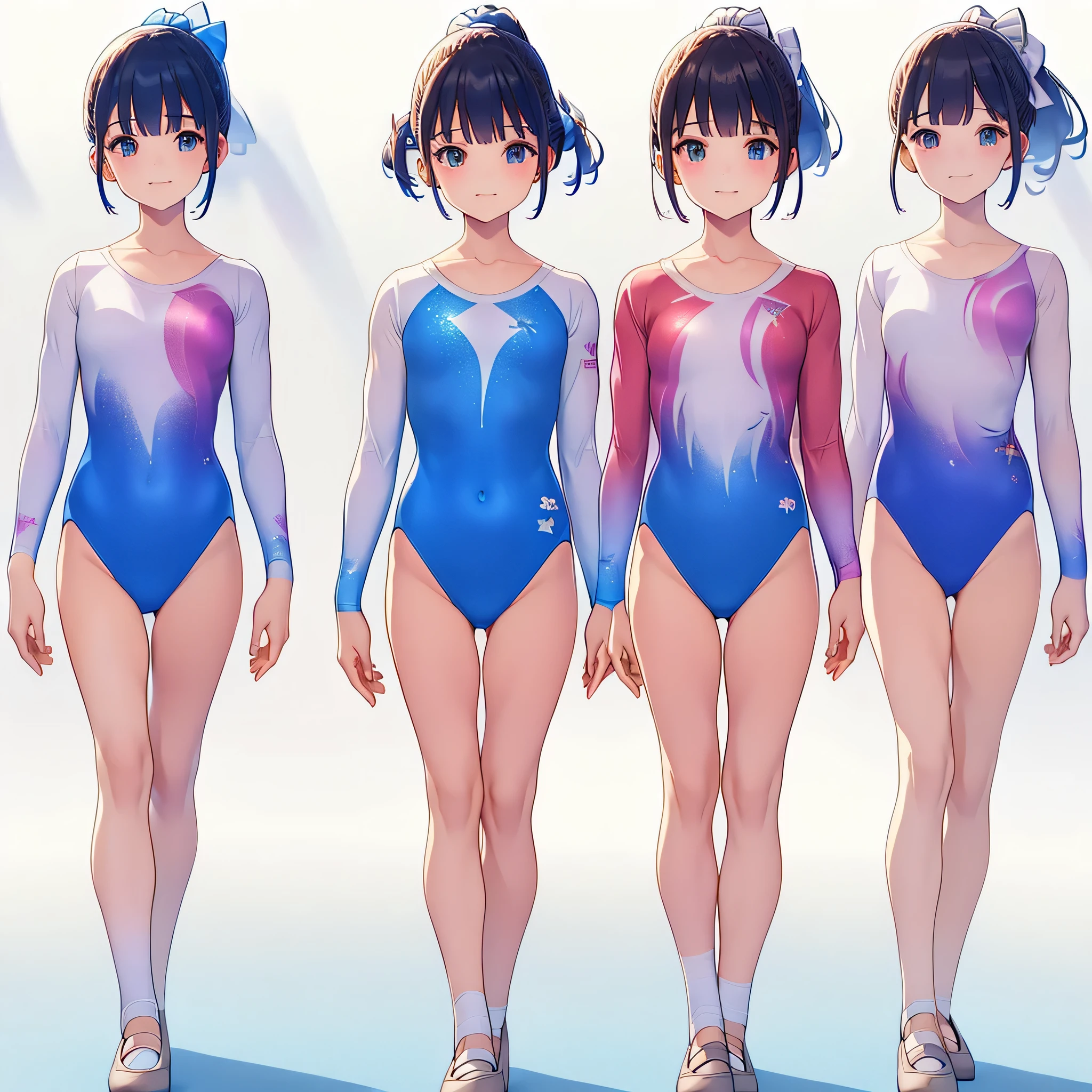 Gymnastics club,(4 girls:1.3),(long sleeves leotard:1.3),(rainbow print leotard:1.3),(white leotard),full body, pony tail, blue ribbon, long hair,(sailor collar:1.2),(over ************, under 19 years old:1.2), ballet shoes, white background