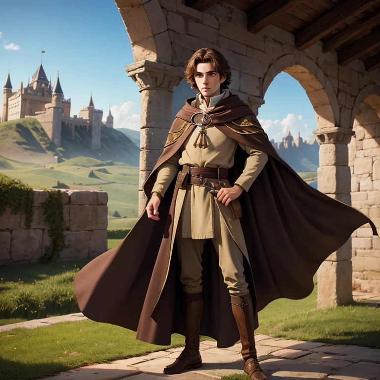 Medieval prince, medium brown hair, light eyes, dressed in medieval clothes with an open cloak enjoying the landscape of the kingdom Full body