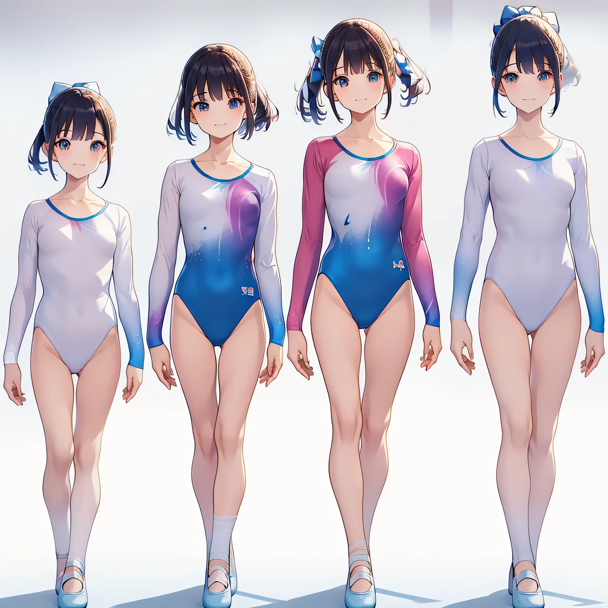 Gymnastics club,(4 girls:1.3),(long sleeves leotard:1.3),(rainbow print leotard:1.3),(white leotard),full body, pony tail, blue ribbon, long hair,(sailor collar:1.2),(over 16 years old, under 19 years old:1.2), ballet shoes, white background