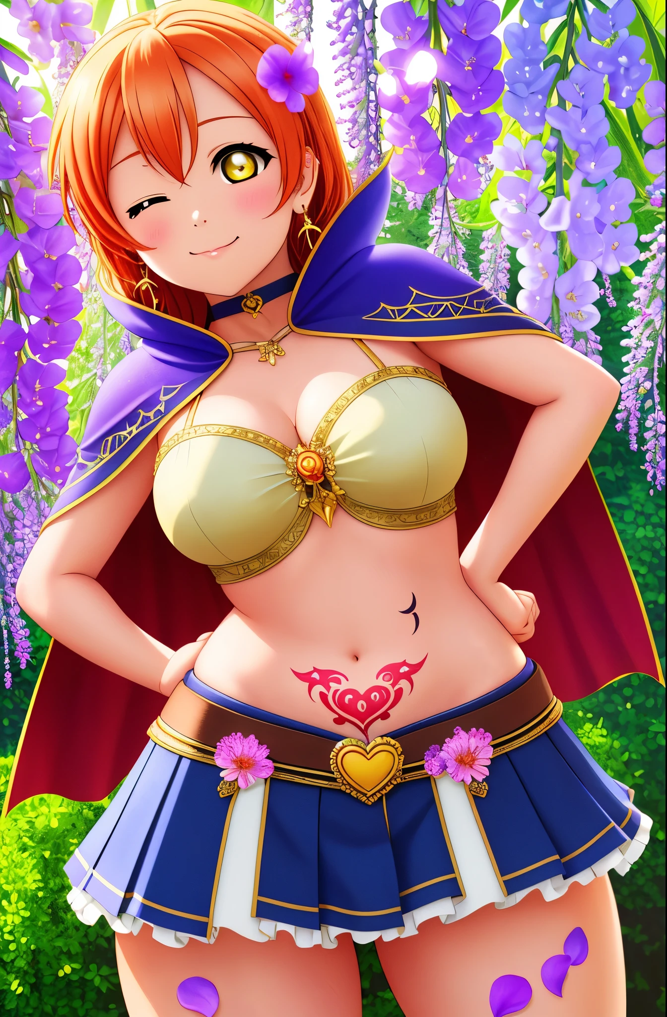 (best quality,4k,8k,highres,masterpiece:1.2), ultra-detailed,(realistic,photorealistic,photo-realistic:1.37),Hoshizora Rin,yellow eyes, orange hair, looking_at_viewer, skirt, navel, cleavage, jewelry, heart, earrings, one_eye_closed, choker, midriff, miniskirt, crop_top, tattoo, one_side_up, hands_on_hips, ,big breasts,beautiful detailed eyes, extremely detailed eyes and face,longeyelashes,pink blush,looking at viewer,body proportions,cute expression,standing pose,sexy smile,soft colors,feminine,charming,wisteria flowers,cape,glowing light,flower petals, breezy environment,Lovely,HDR,UHD,vivid colors