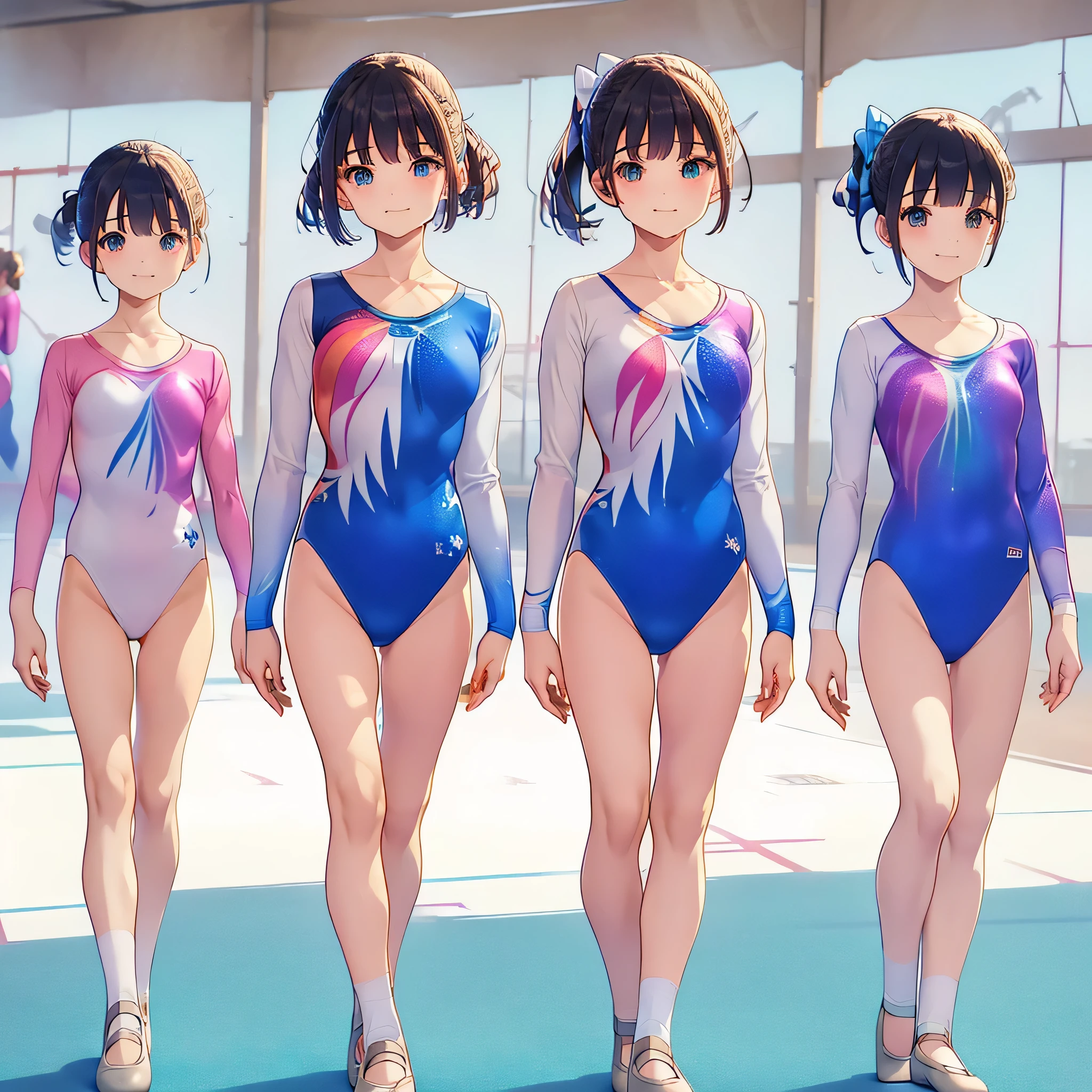 Gymnastics club,(4 girls:1.3),(long sleeves leotard:1.3),(rainbow print leotard:1.3),(white leotard),full body, pony tail, blue ribbon, long hair,(sailor collar:1.2),(over ************, under 19 years old:1.2), ballet shoes, white background