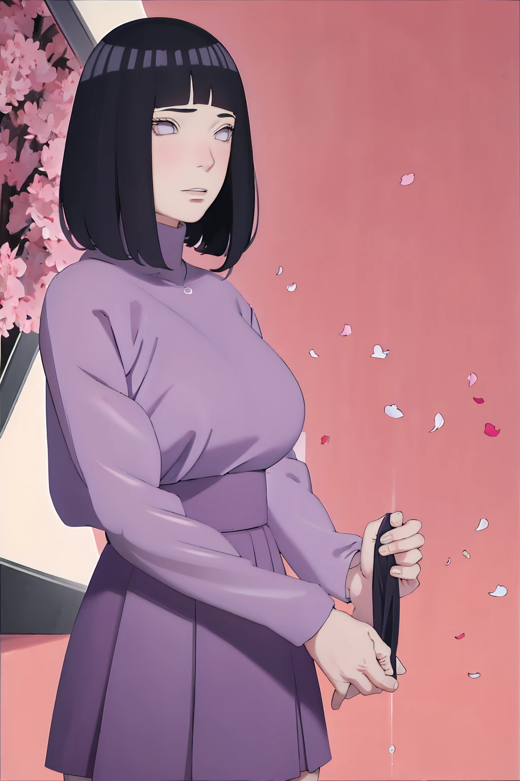 masterpiece, absurdres, hinata\(boruto\), 1girl, solo,mature female, tshirt long sleeve, high waist short skirt, looking at viewer, (falling petals), perfect composition, detailed lips, big breast, beautiful face, body propotion, blush, (pink lips), long hair, purple eyes, soft gaze, super realistic, detailed, photoshoot, realistic face and body, thighhighs, happy, closed mouth