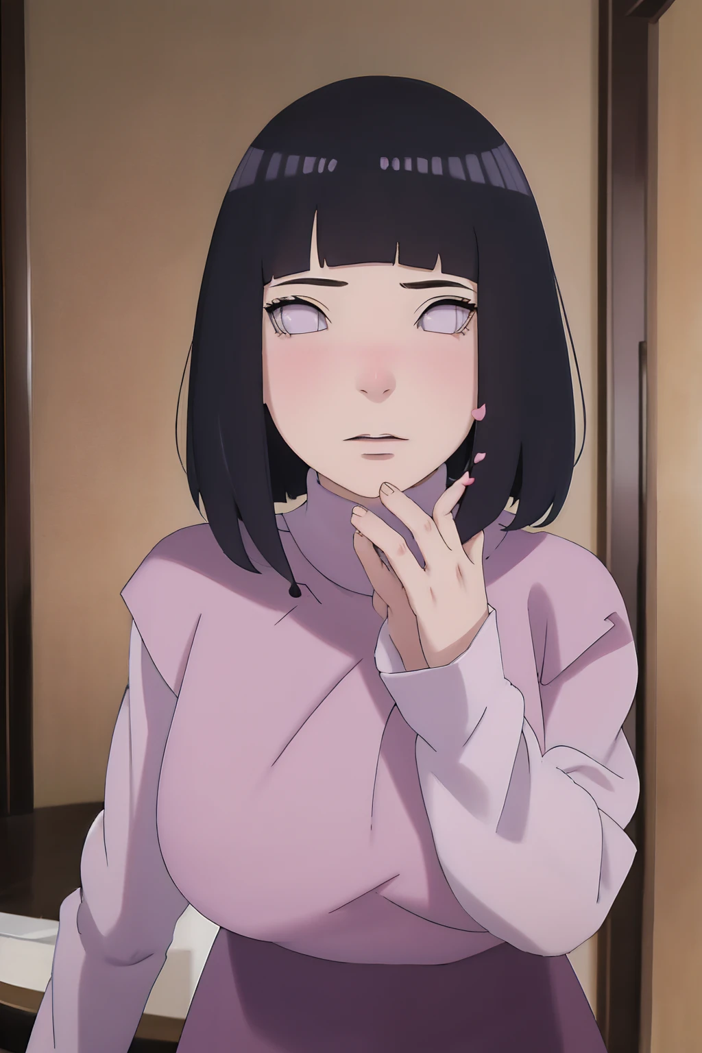 1 Girl, Hinata Hyuga, Naked, big breasts, squatting, hinata sucking a man's human penis , blowjob, top view  