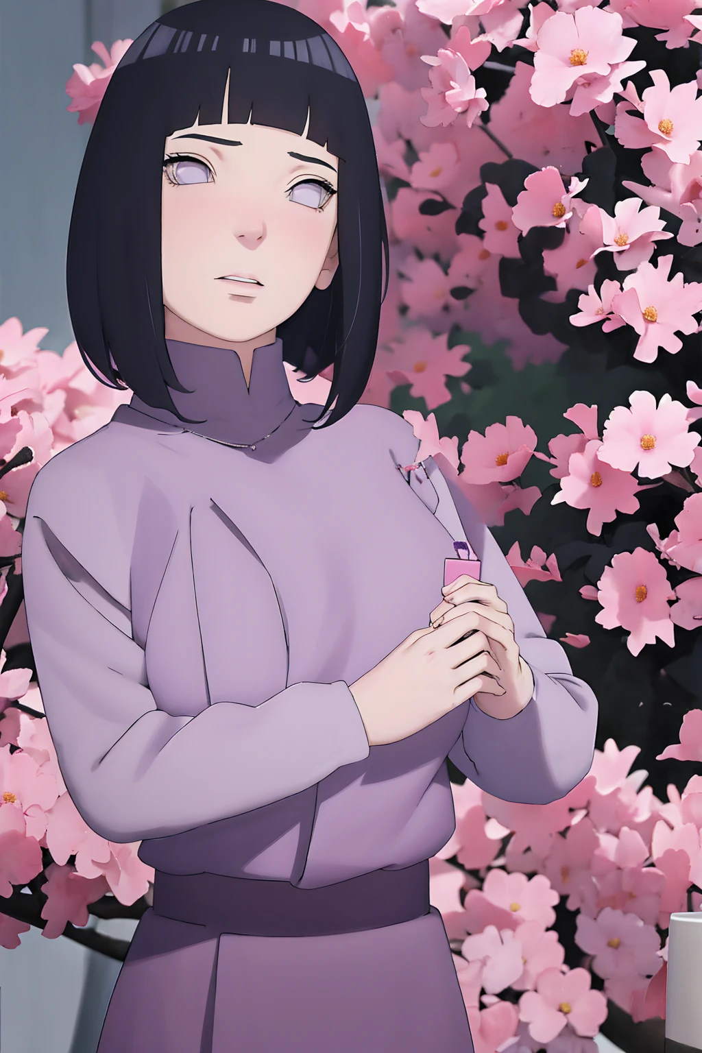 masterpiece, absurdres, hinata\(boruto\), 1girl, solo,mature female, tshirt long sleeve, high waist short skirt, looking at viewer, (falling petals), perfect composition, detailed lips, big breast, beautiful face, body propotion, blush, (pink lips), long hair,  purple eyes,  soft gaze,  super realistic, detailed, photoshoot, realistic face and body, thighhighs, happy, closed mouth