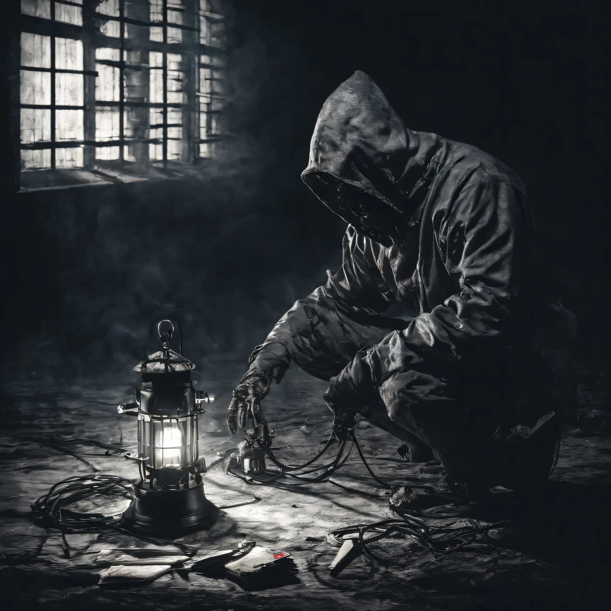 Prisoner repairing a lamp inside the prison，The guard followed him.