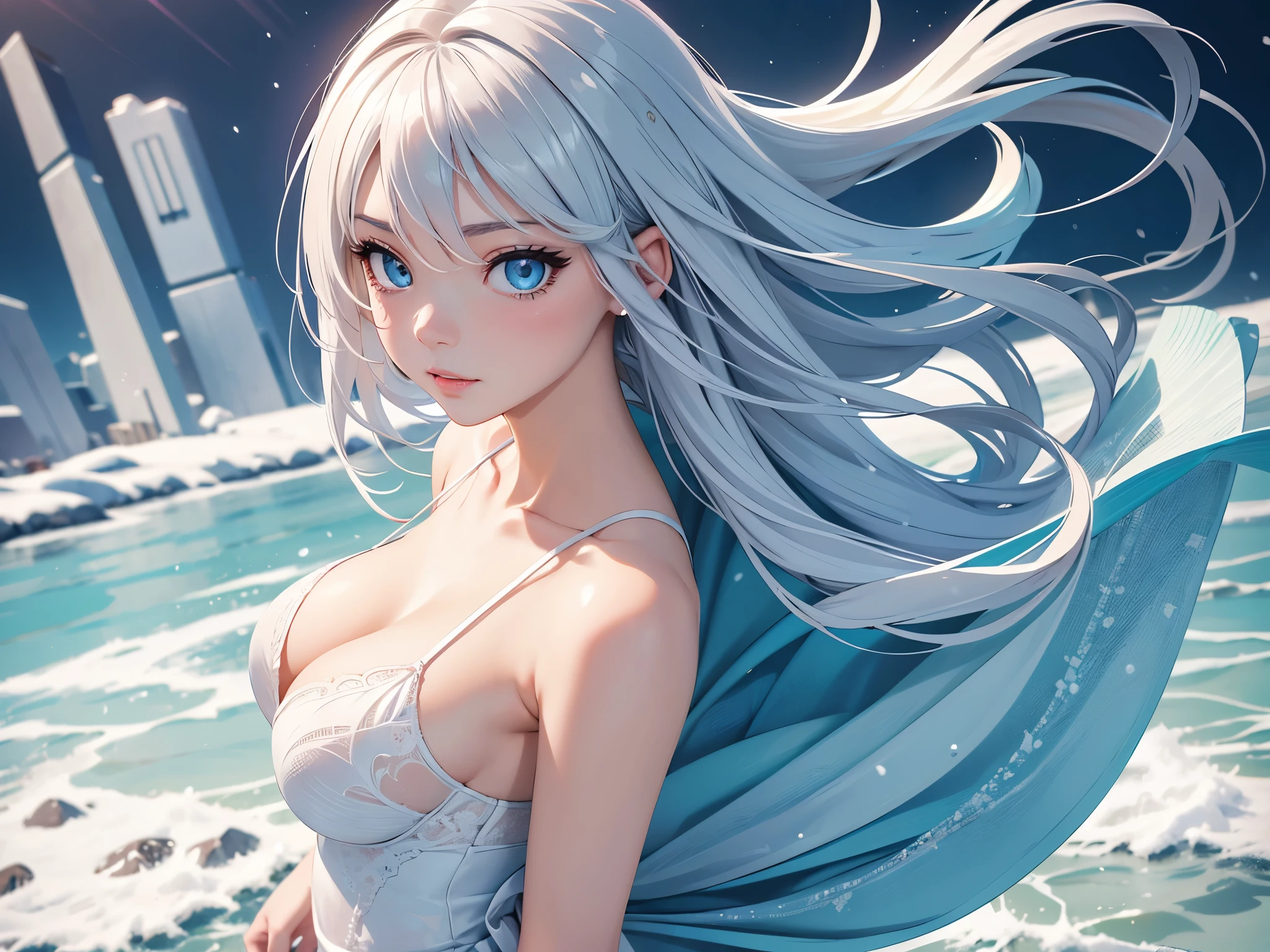 28-year-old female, Cute anime woman, Random background, Random pose, Outfits to match the background, break, shining, extremely long straight hair, ((Silver hair gradually fades to light blue tail)), Hair blowing in the wind, Super high quality hair, clear, side swept bangs, Long bangs cover one eye, Cute beauty face, (focus on face), Ultra-delicate的臉部質感, Sparkling pupils, ((Clear light blue eyes)), thin eyebrows, long upper eyelashes, double eyelids, Upper Eye, High-fidelity eyes, (Ultra-delicate眼睛), Sexy and attractive lips, water潤的嘴唇, Pink lip gloss, Richly detailed lips, White skin, delicate skin, Silky skin, (Super textured skin), break, upright, Attractive medium breasts, Beautiful figure, Slim figure, anatomically correct, correct limbs, correct finger, Extremely delicate fingers, (Beautiful fingers), Perfect hands, Very high quality clothes, perfect clothing texture, Complete clothes, the right clothes, break, original photo, CG unity, professional, photography, Movie, Ultra-delicate, Clear focus, (high resolution), Deformed depth of field blurred background, Detailed background, Perfect layer cutting, Atmospheric distance sense, artistic, (full-body shot/Cowboy shooting/Rear view/Top view/Top view), /something is flying, /cloud, /snow /water /ice, (best quality), Exactly, masterpiece, Award-winning,