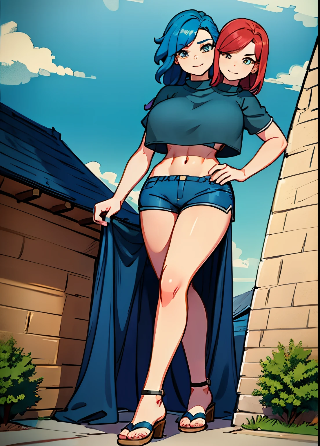 best quality, (masterpiece),(ultra-detailed), (high quality), (high resolution), (2heads:1.5), ((red hair)), ((blue hair)), ((different hair colors)), large breasts, shorts , full body,best quality:1.5, highres, UHD, 4K), medieval outfit, smiling, ((crop top)), wearing sandals, medieval castle background, ((full body)), ((seductive pose)), ((detailed eyes)), (mature woman), exposed midriff, ((giant woman))