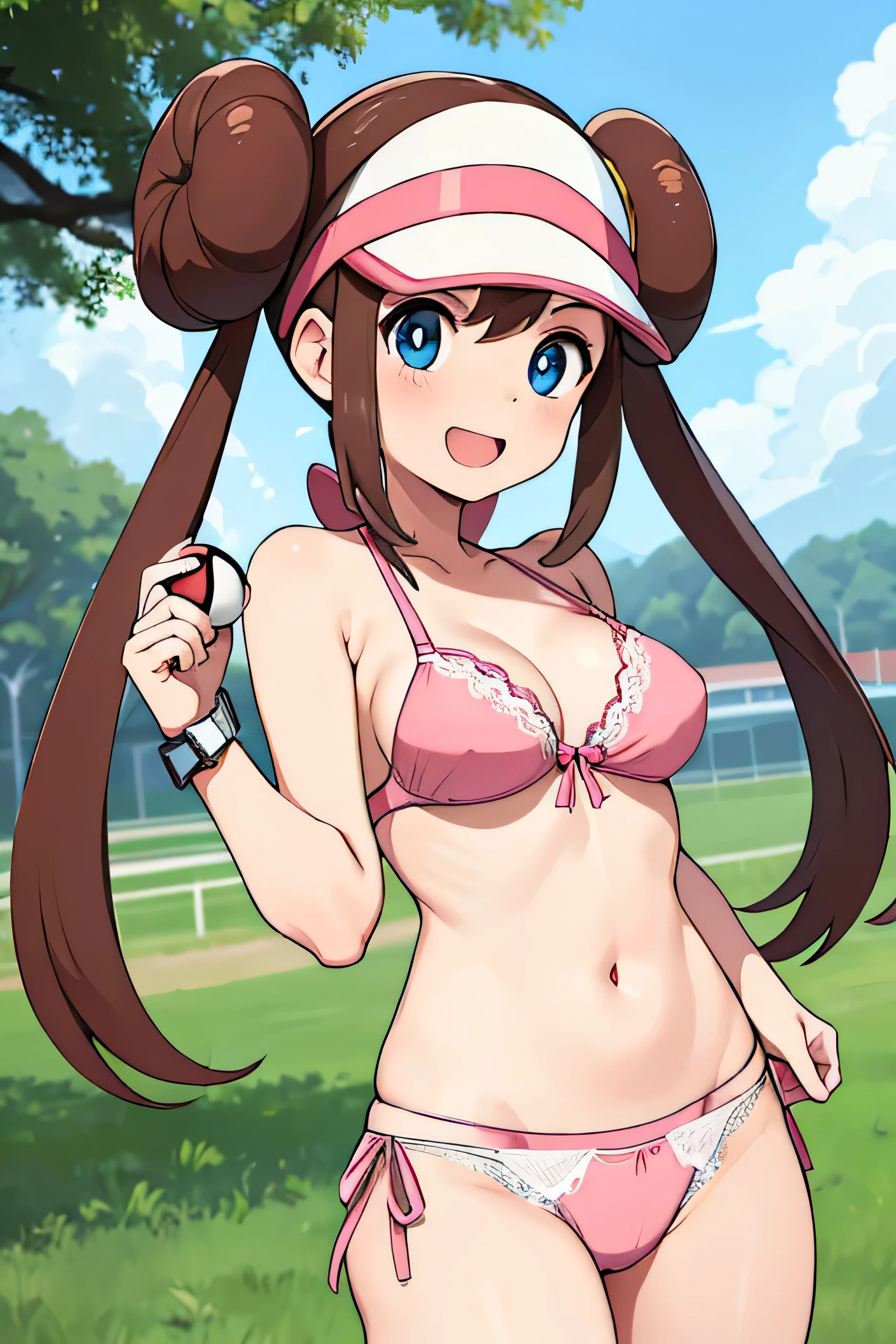 masterpiece, highest quality, High resolution, RO1, Hair Bun, blue eyes, Twin tails, Visor Cap, Bikini, Pink Bra, White lace panties,Fine grain,(Excellent rendering), Pink ribbon, watch, Are standing, Cowboy Shot, Field, Playing PokéGoal in your underwear, poke ball \(Basic\), The best smile
