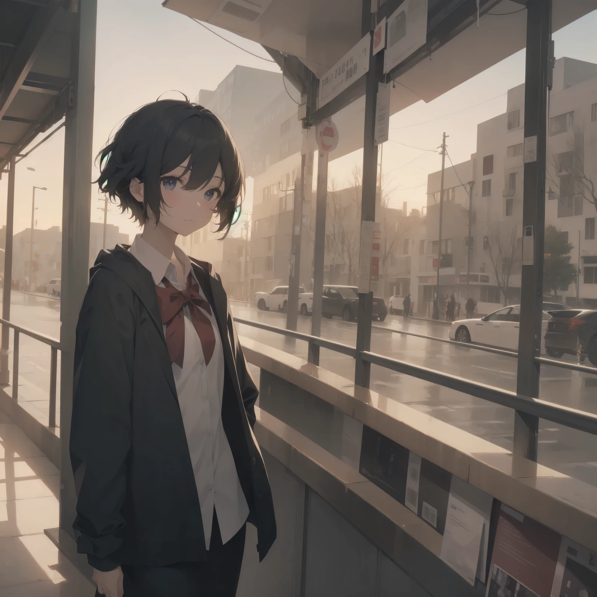 ultra-absurdres-Top quality by artist God, ultra-detailed, high resolution, anime moe artstyle, best anime 8k konachan wallpaper, pixiv contest winner, pool:2810, perfect anatomy,break, 1girl, (Please draw a girl walking sleepily to school alone. )break,(Solo,little female, 13-year-old:1.3),Full limbs, complete fingers,a junior high school student,  (very short hair), short cut, flat chest, , small butt, small black eyes, beautiful detailed eyes, well-proportioned iris and pupils, expressive eyes, highres detailed hair, soft expression, school_uniform, bowtie, collared shirt.  pleated skirt,(Detailed Lighting), (Detailed background), in the School commute route. break,super detailed skin, Best cinematic lighting powered by famous artist, 8k,beauty illustration,photoshop_(medium),very aesthetic,break,((artist:tianliang_duohe_fangdongye )), artist:bolze ,artist:oyari ashito ,artist:kantoku ,