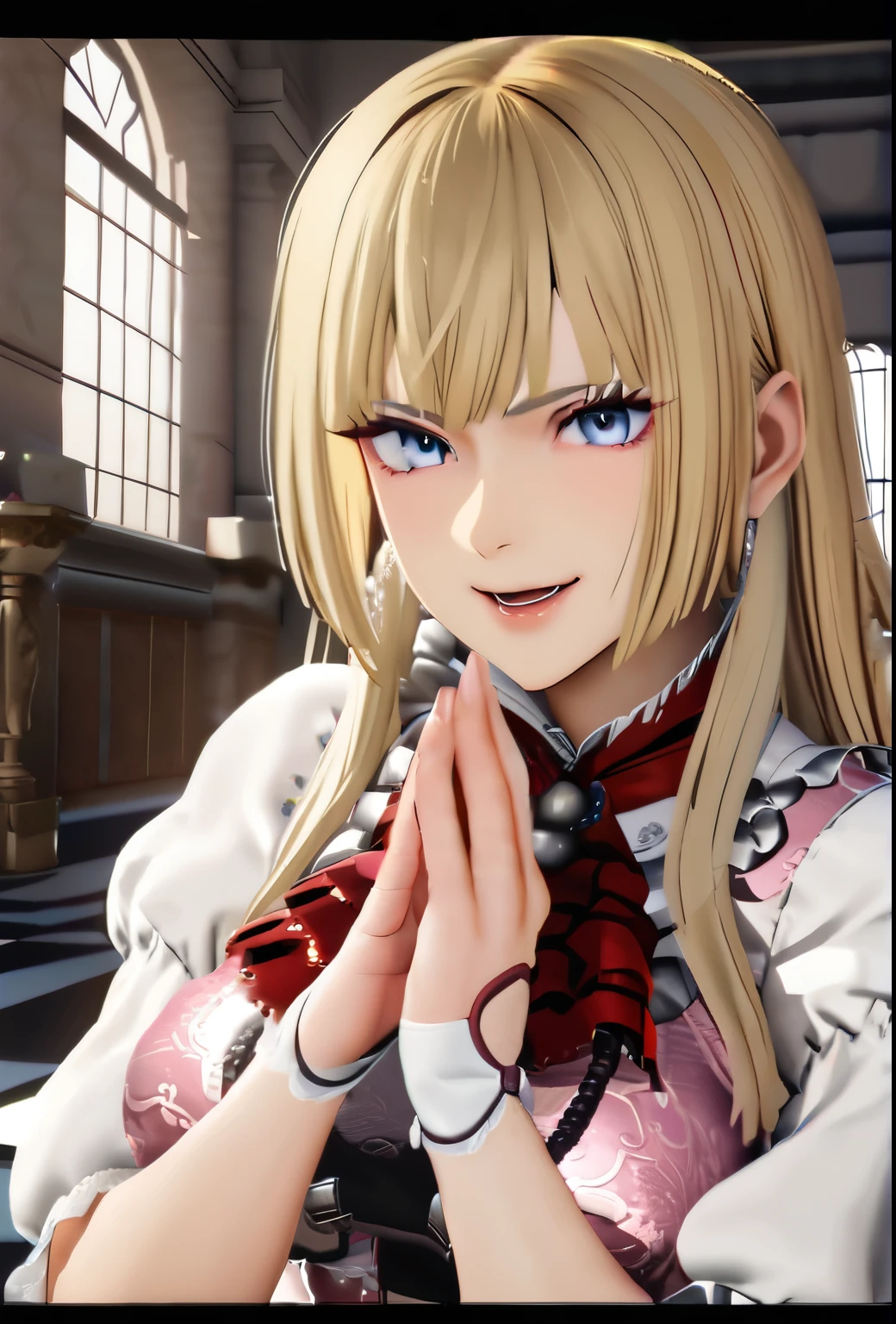 One girl, alone, Tekken 8_Yuri, blue eyes, Manicure, Blonde, Long Hair, Open your mouth, smile, View your viewers, ojou-sama pose, Are standing, On the front、Upper Body, indoor, palace, Beautiful lighting, Ray Tracing, masterpiece, highest quality, 