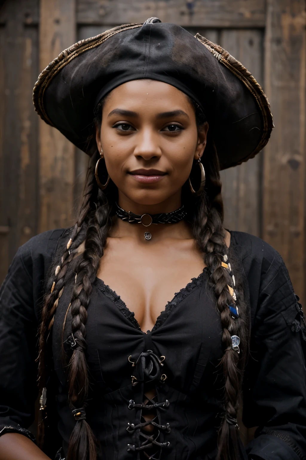 young black pirate with black braids,medium:[oil painting],best quality,photorealistic,professional,extremely detailed face and eyes,detailed multiple braided hair,weathered pirate hat,worn pirate clothes, purple and black color scheme, queen-like clothes, evil smile