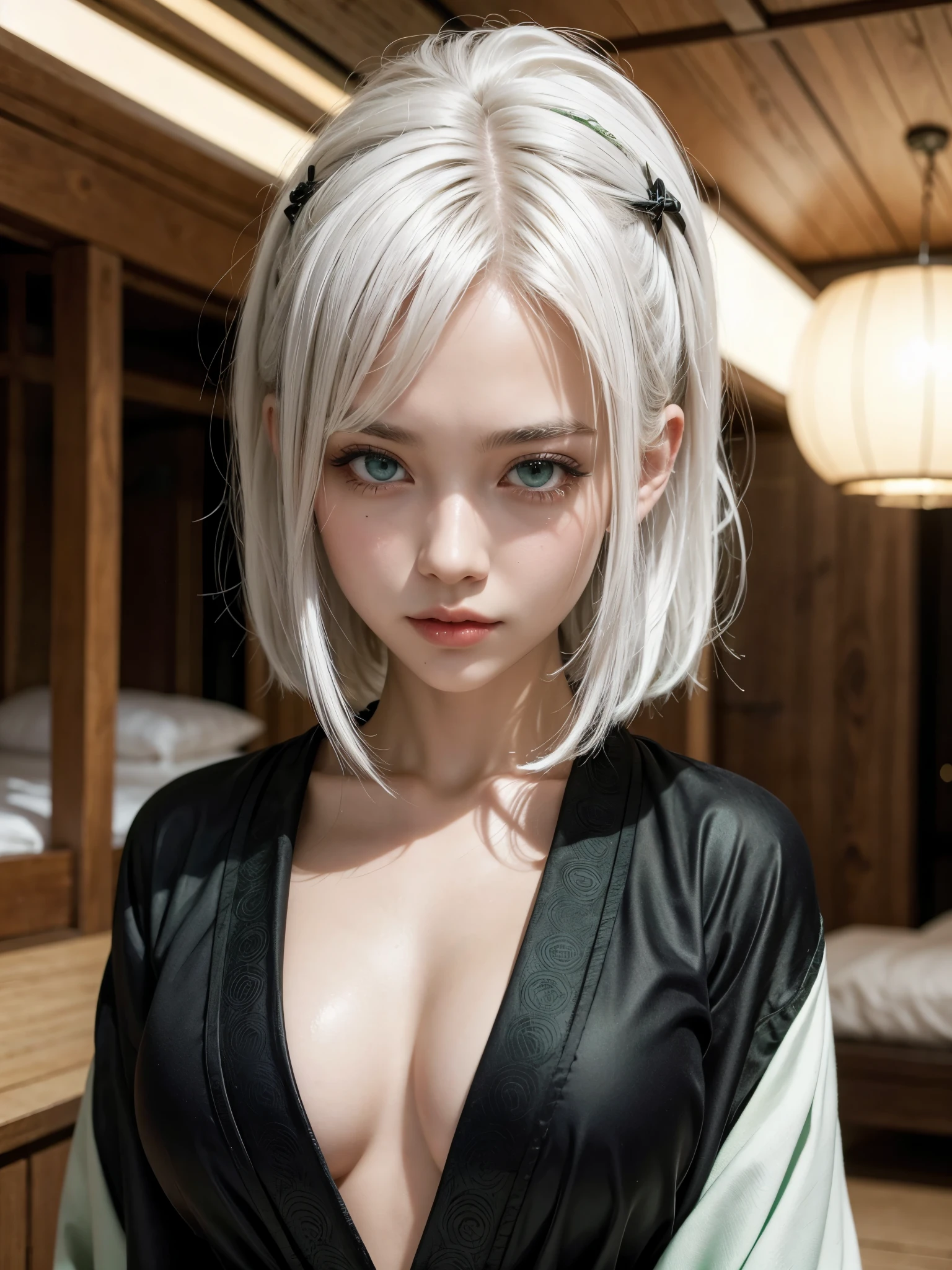 Hot girl, white hair, green eyes, sexy, black kimono