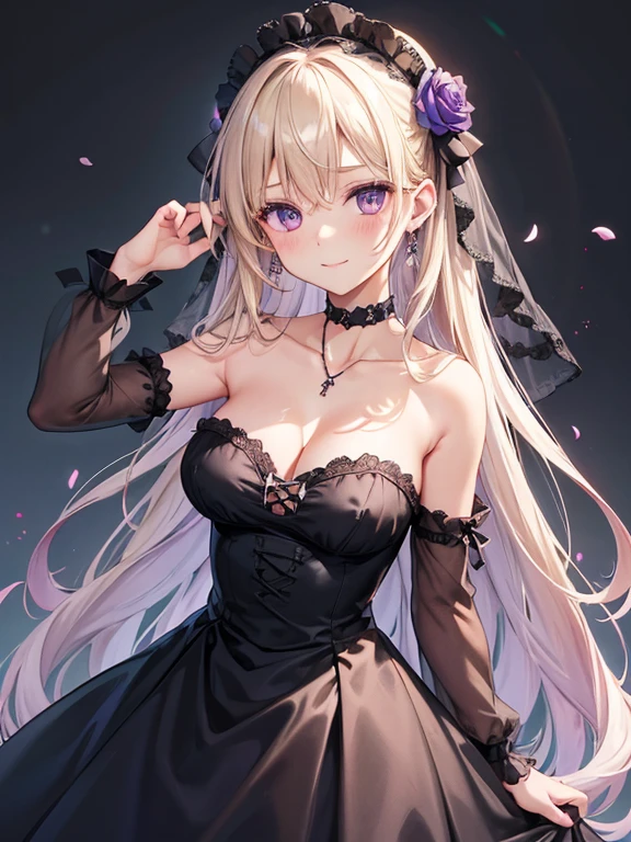 1girl, rating:safe, dress, long_hair, flower, breasts, solo, purple_eyes, smile, blonde_hair, hair_flower, jewelry, white_flower, bare_shoulders, very_long_hair, collarbone, hair_ornament, rose, cleavage, looking_at_viewer, strapless_dress, strapless, earrings, black_dress, choker, white_rose, ribbon, blush, hair_ribbon, bare_arms, closed_mouth, bangs, skirt_hold, hands_up, eyebrows_visible_through_hair, medium_breasts, black_rose, black_flower, see-through, necklace, purple_rose, large_breasts, purple_flower, cowboy_shot, veil, sidelocks, sky, hair_between_eyes, upper_body, hand_up, black_choker, sleeveless, standing, petals