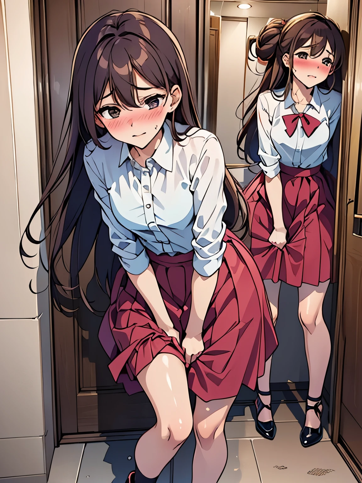 (ultra-detailed, best quality, anatomically perfect body), (small breast:1.3), shiny skin, (Various girls), girls from 15 to 25 years old, (have to pee:1.1), (urge to pee:1.3), (very desperate to pee:1.2), bladder full, (restroom entrance), waiting for restroom with line of girls in queue, (standing), (Each one has a different tops), (Each one has a different long skirt:1.5), (Each one has a different footwear), (Each one has a different hair), various bag, (knees together and feet apart:1.3), (Rub each other's thighs:1.3), leaning forward, (hand in panties), (hand between legs), (holding the crotch:1.3), (nose blush:1.3), (embarrassment1.4), (impatience:1.6), (flustered:1.4), (fidgeting around:1.1), flowing sweat, (parted lips), (erotic body twist:1.4), (breathless:1.2), (closed eye:0.9), looking away, crisis, (from side:0.6), (from below:0.4),