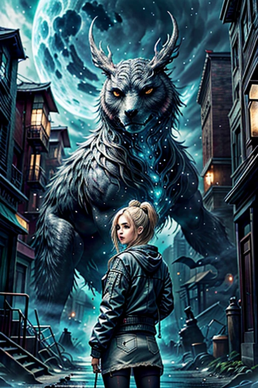 (best quality,4k,highres),(realistic,photorealistic:1.37),(Yoshitaka Amano style:1.1),SFW,safe for work, A nordic woman and her guardian familiar, mystical creature,otherworldly creature, kaiju-like,enchanting companions,wearing stylish futuristic clothes,inspired by Phantasy Star Online, lustful poses, (The woman, with her eyes brightly colored, no makeup and her nordic facial features elegantly detailed, adding to her allure. Dressed in elegant casual clothes with a stylish futuristic jacket.), (She is accompanied by a guardian, an owl bear mixed creature with exquisite anatomical features, and four eyes. The creature's presence adds a sense of wonder and magic to the scene.), (The woman and her companion stand in a vibrant and bustling city, a modern metropolis with bustling streets, and vibrant signs. The colors are vibrant, with a mixture of dark blues, olive, and pale reds creating a dreamlike atmosphere.), (The lighting is soft but illuminating, casting a gentle glow on both the woman and the creature.), (The overall composition has a realistic and photorealistic quality, capturing the essence of the scene in intricate detail.), (The art style is inspired by Yoshitaka Amano, known for his ethereal and otherworldly illustrations. The combination of realistic elements with the artist's unique style creates a captivating and visually stunning image.),greg rutkowski