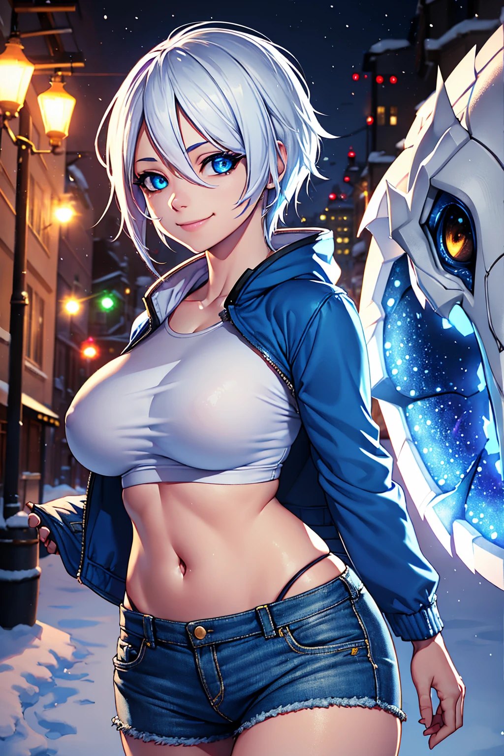 (best quality,4k,highres:1.2),ultra-detailed,(realistic:1.37),(HDR:1.1),(UHD:1.1),(studio lighting:1.1),(physically-based rendering:1.1),professional,vivid colors,bokeh,portraits,Toby Fox Undertale Sans,blue jacket,white shirt,fire eyes,human skull,smile,short white hair,glowing,sexy,long eyelashes,dragon skull cannon,standing in a snowy town,feminine,full, big breasts, breast enlargement,full-body shot