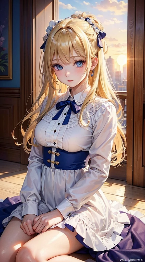 (masterpiece),(highest quality:1.3),One Girl,Exquisite detail,Very detailed,Vibrant colors,Soft lighting, evening,Big Sunset,(Smooth, straight blonde hair:1.2),Hair parted in the middle,Blue eyes,White skin,White blouse and blue ribbon,soft and gentle expression,Warm white glow,超高精細な描写とVibrant colorsにこだわる. A style that combines romanticism and realism,Color Palette,A dreamy and fantastical atmosphere