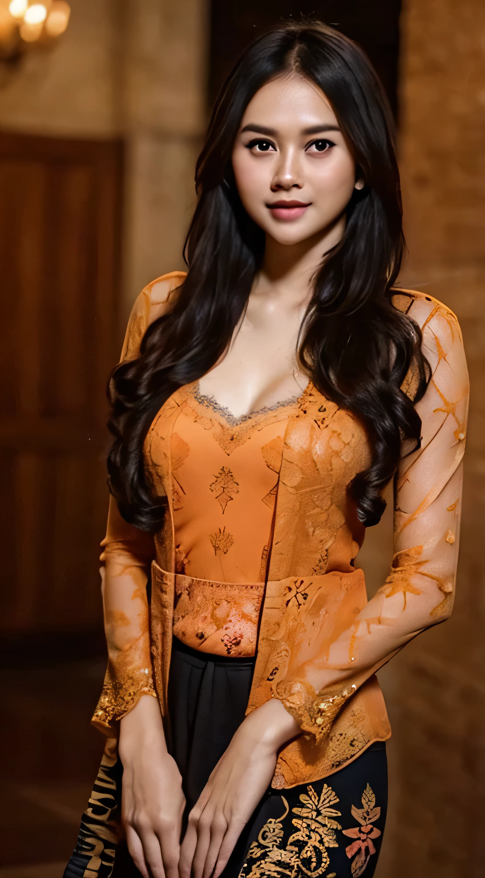 1 Indonesian-Dutch girl, 25 years old, long fashion hair, fit body, small cleavage, skintight black lace kebaya, batik skirt, masterpiece, highly detailed, ultra hd, 8k, detailed face, bright eyes, perfect eyes, detailed skin texture, detailed lips, sexy lips, perfect hands, dynamic angle, cowboy shot