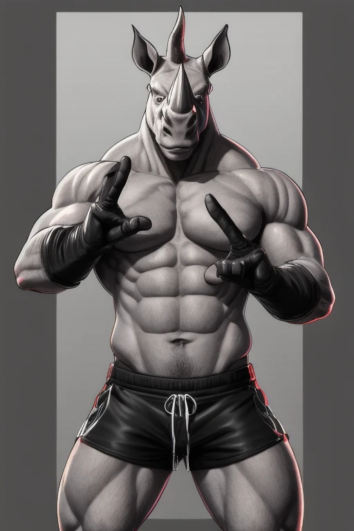 Muscular gray rhino with black shorts and black gloves making the peace sign with its two fingers