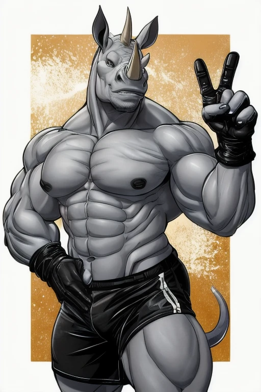 Muscular gray rhino with black shorts and black gloves making the peace sign with its two fingers