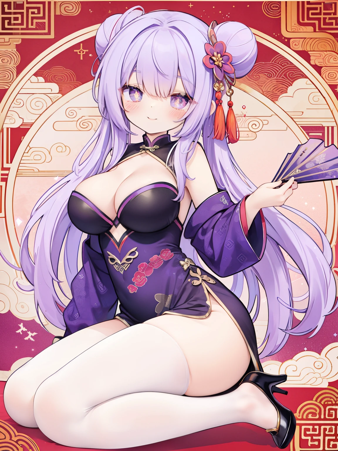 Large Breasts、Cleavage、smile、cross-shaped pupils, 1 rapariga:1.8、purple cheongsam、Purple hair ornament、Bun head、Purple Fan、Purple Glitter High Heels、Chinese background、(PastelColors:0.3)、(Cute illustration:0.3)、(watercolor paiting:0.5)、