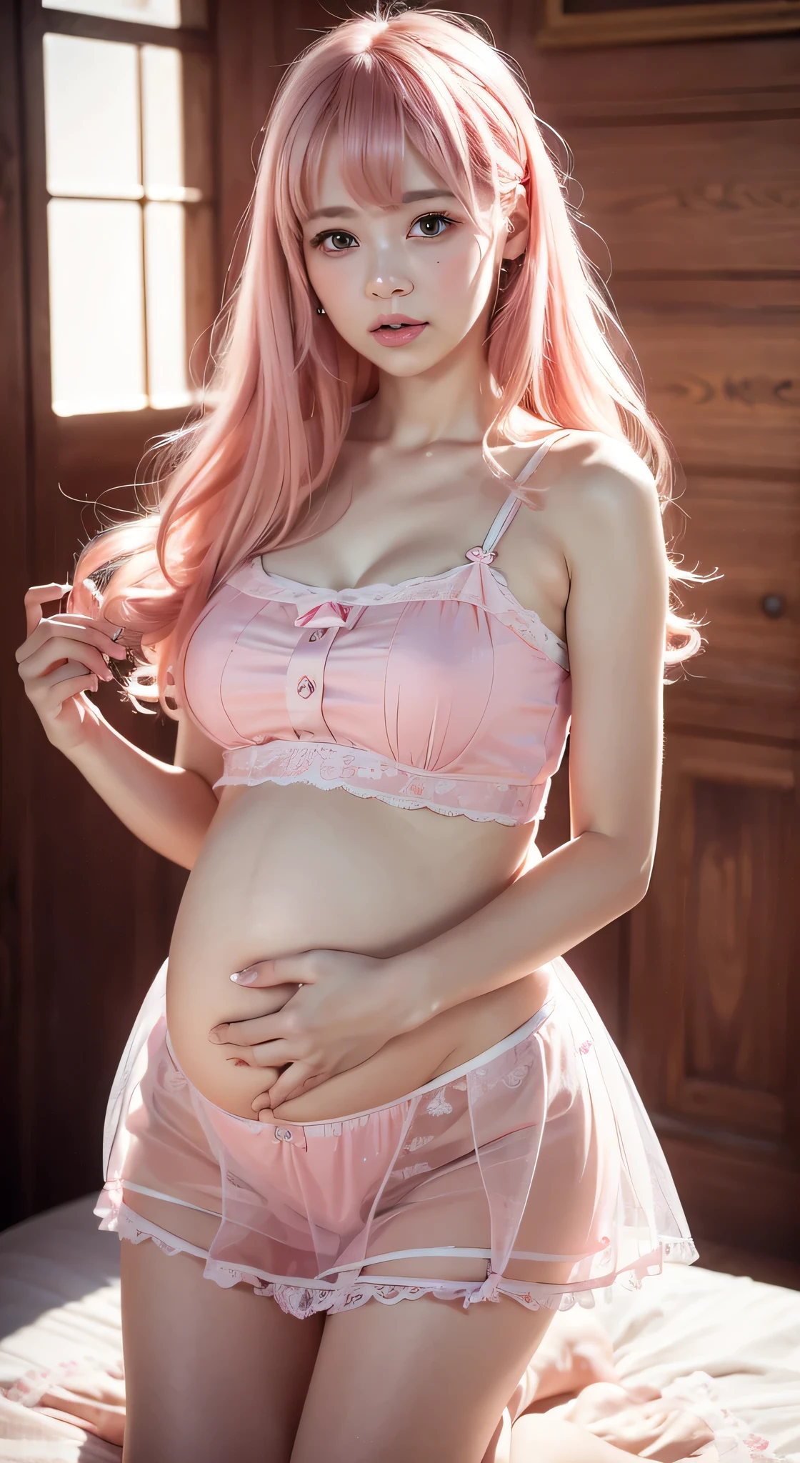 A very delicate and cute girl with pink hair and a lolita dress. 8K Ultra HD, Delicate texture, Pure white background.２０Old woman、Pregnant women