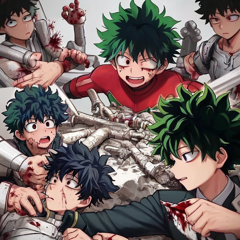 Izuku Midoriya with his hero suit with blood on his body and cuts on his face lying on the ground while trying to grab the hand of another boy with dark blue hair lying next to him with blood and cuts with his eyes closed. There is space between them and they have a weak expression.