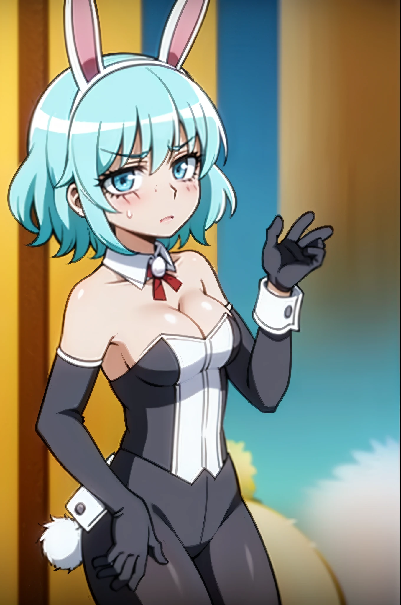 1Girl, solo,aqua hair, medium hair, blue eyes,(((black  suit,clavage,bare shoulders,Blush,black  ears))),short hair