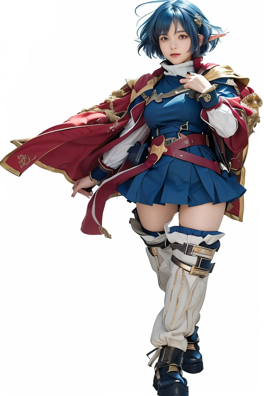 Rena Lanford from Star Ocean the Second Story R is standing smiling slightly, wearing a short green skirt, red cape, a white long-sleeved turtleneck shirt with a blue tunic. Rena has small elf ears, short blue hair that's slightly longer on the left side, and a gold crescent moon hairpin over her left ear.