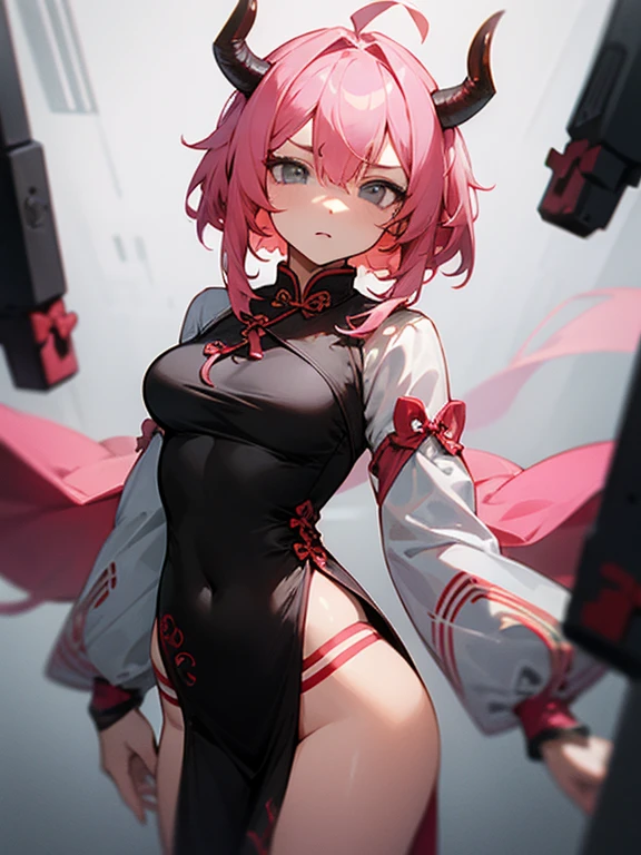 Masterpiece, best quality, expressive eyes, perfect face, 1girl, pink hair, ahoge, heretochromia, grey eyes, oni horns, full bust, cheongsam, pelvic_curtain, medium breasts