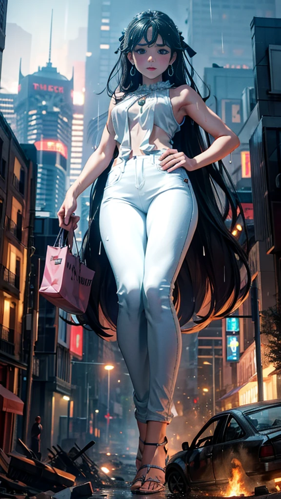 (32k, High resolution, highest quality, masterpiece, 超High resolution), (((Giantess Elements, Typhoon heavy rain))), From above, Perfect dynamic composition:1.2, (Modern city at night, Expressions of sadness:0.5), Highly detailed skin and facial textures:1.2, (Towering Giant Young Woman:1.0, Higher than skyscrapers:1.0, 65,000 feet tall:1.0, Incredibly slim body:1.0), Fair skin, Sexy beauty, Very beautiful face, , Water droplets on the skin, (The rain drips down on my body:0.5, Wet body:0.5, Wet Hair:0.5), (Wet white linen pants:1.0, Wet sleeveless blouse:1.0), Shapely breasts, Chest gap, Big eyes that exude beautiful eroticism, Lips that exude beautiful eroticism, necklace, Earrings, bracelet, wedding ring, Shoulder bag, clock, ribbon, Full body portrait, ((Destroy a small city, Burning Small City, rubble, Destroyed small building, Collapsed highway, Evacuated Residents)), (Major impact, Emphasizing the majesty and power of giants, Increase the destructive element, Lower the building, Making cities smaller)