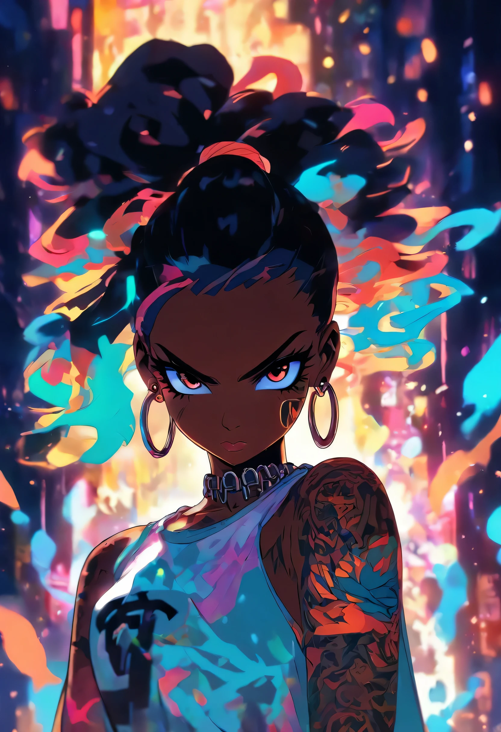 All,vector art,1Black woman with tattoos,black hair,White clothes,Super colorful,Luminous coloring,Sharp, Cinematic,Depth of field,35mm,luminous paint