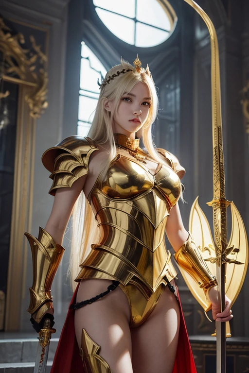Gold Dragon Queen, (Attractive Russian model Nata Lee), Light blonde hair color, Huge , Dragon Heavy Armor, (Holding a sword and a gold shield), transparent, Are standing, The body is slim, Muscle Abs.