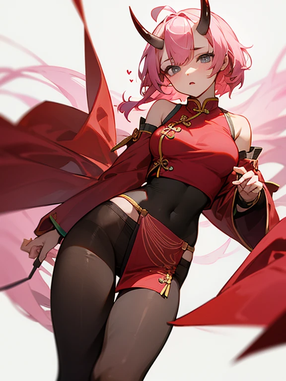 Masterpiece, best quality, expressive eyes, perfect face, 1girl, pink hair, ahoge, heretochromia, grey eyes, oni horns, full bust, cheongsam, pelvic_curtain, medium breasts, pantyhose