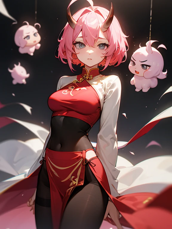 Fantasy,((Masterpiece)),((high resolution)),((Best Quality)),Anime illustration,(((1girl))),(wavy hair),(short hair),(pale pink hair color),small ponytail,Red eyes,(Big round eyes),((tareme)),,((baby face)),((very big breasts)),Short stature,,,(china dress),Ladylike,blush,I'm very embarrassed,