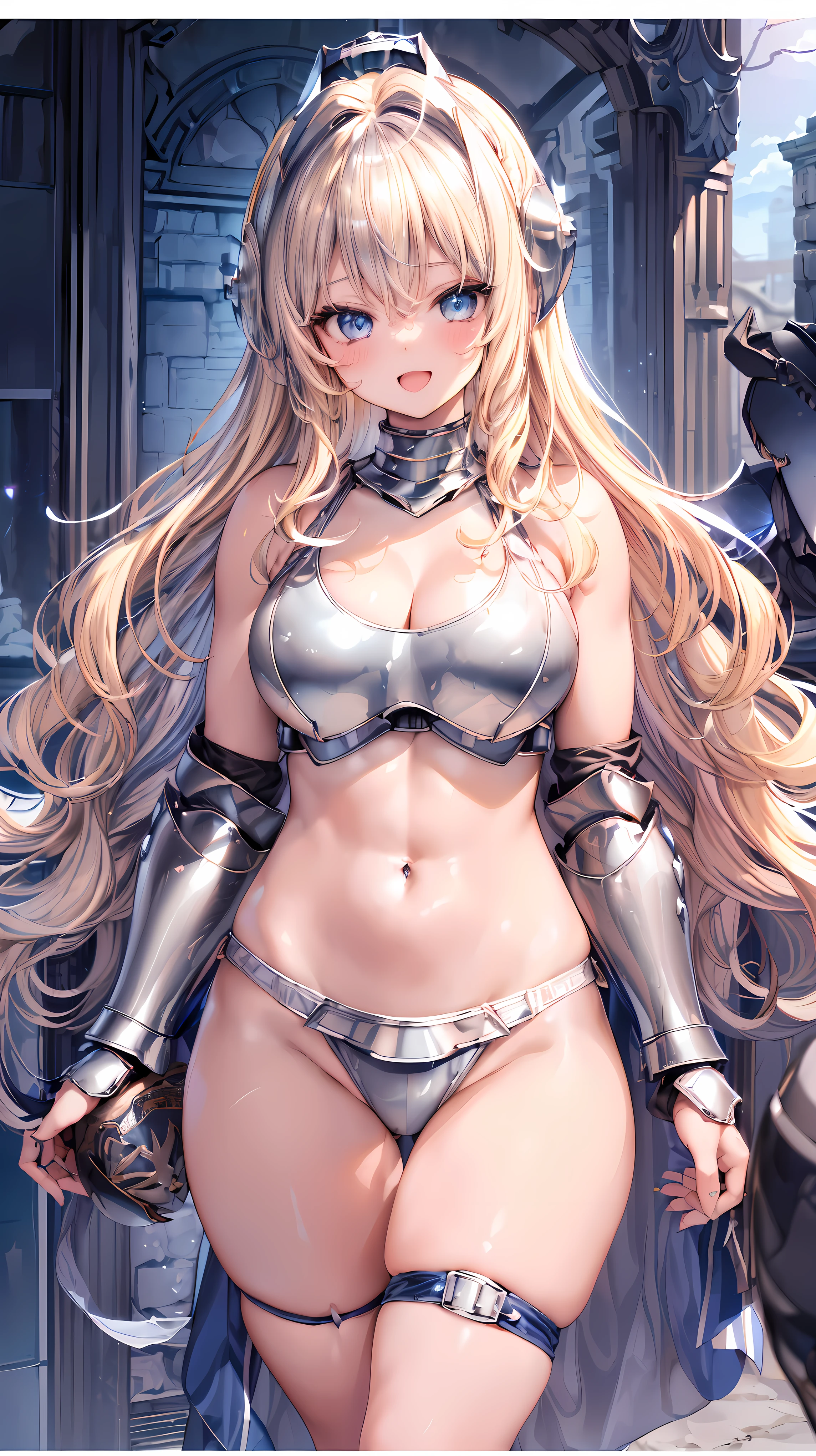 Very detailed、highest quality、Best image quality、masterpiece、8k、Anime Face、A kind smile、(Open your mouth:1.5)、Sparkling blue eyes、(Blonde wavy hair:1.5)、Muscles of the whole body、camisole、Thigh belt、mini skirt、(Wearing silver bikini armor:1.5)、(Cowboy Shot:1.5)、(Leg armor:1.5)、(Wearing a helmet:1.5)