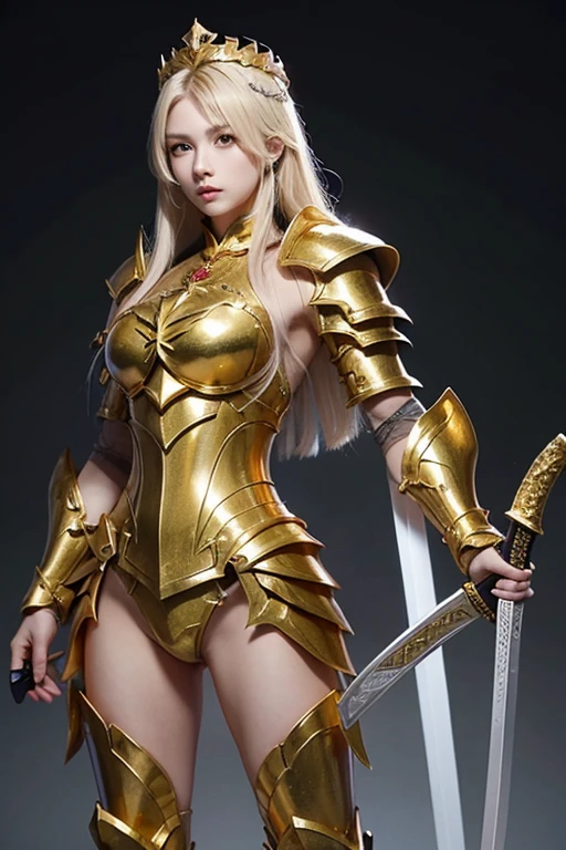 Gold Dragon Queen, (Attractive Russian model Nata Lee), Light blonde hair color, Huge , Dragon Heavy Armor, (Holding a sword and a gold shield), transparent, Are standing, The body is slim, Muscle Abs.