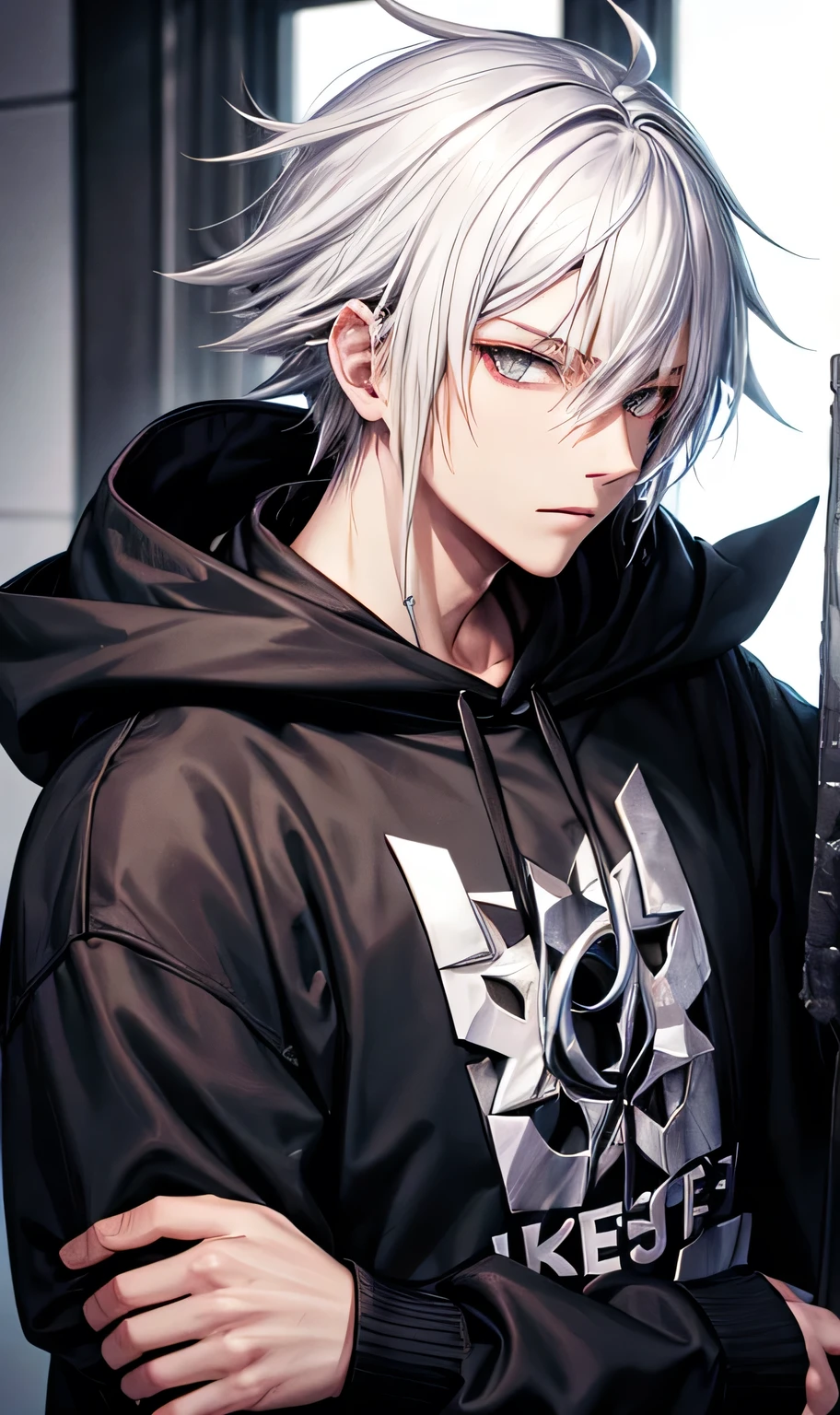 Black hoodie,Wearing a hood,
male,silver hair,Spiky Hair,Visual Kei,