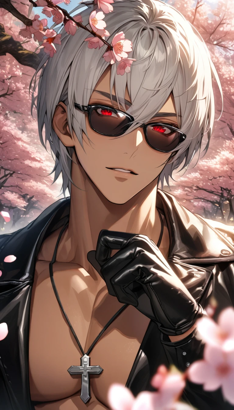 absurdres, highres, ultra detailed, HDR, master piece, best quality, K', white hair, with bangs, short hair, expressive red eyes, The King Of Fighters, black sunglasses, solo, sexy man, handsome, black leather clothes, cross necklace, tanned skin, pink flowers, blossoms, spring