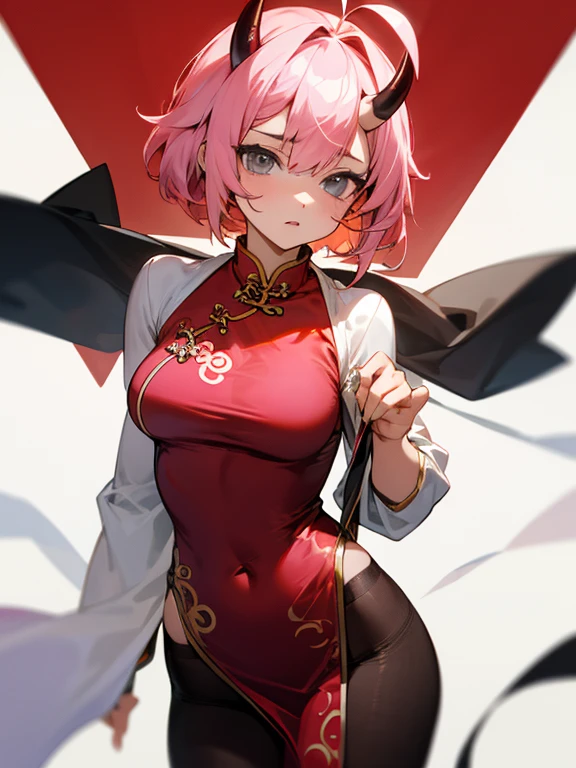 Masterpiece, best quality, expressive eyes, perfect face, 1girl, pink hair, ahoge, heretochromia, grey eyes, oni horns, full bust, cheongsam, pelvic_curtain, medium breasts, pantyhose