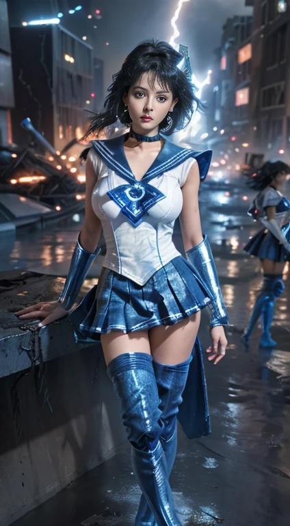 Unreal Engine:1.4,Ultra-high resolution,Best Quality:1.4, Realistic:1.4, Skin Texture:1.4, masterpiece:1.8, (Sailor Mercury:1.4), blue eyes, uniform, 両handを背中に回す、Large Breasts, tiara, Sailor Warrior Uniforms, (RAW Photos, Best Quality), masterpiece, foolish, sexy, Pelo azul corto floating, Blue sailor collar, (Over the knee boots: 1.4), choker, 白いhand袋, choker azul, 肘用hand袋, gem, Earrings, Blue Skirt:1.4, only, whole body, Shiny black hair, (hand:1.4), Octane Rendering, God of Fire, (raindrop), Wet clothes, (Dense and beautiful water), (floating), Dynamic Angle, Browsing Caution,Best Quality,masterpiece,Ultra-high resolution,(Cowboy Shot:1.3),(Realistic:1.4),RAW Photos 8K,Cinema Lighting,Official Art,evening, //, Messy Hair, Large Breasts,,hermosas feet,naked,Tall Woman,skinny,Delgado_feet,thigh_gap,(Watching the audience:1.2),model,thighs negros,Dynamic pose,High heels,from the front,liar,show ,(Apocalyptic Destroyed City:1.4), ((Missionary anal penetration)),((feet abiertas)),((Extreme close up)),(Super detailed),Portraiture,(masterpiece),(Best Quality),(Super detailed),Professional Lighting, mercury