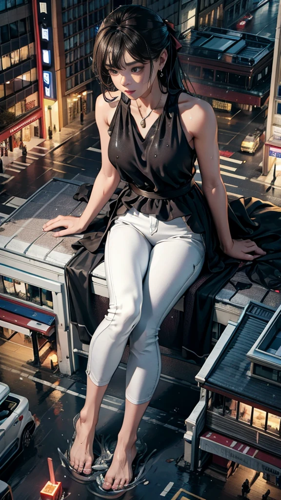 (32k, High resolution, highest quality, masterpiece, 超High resolution), (((Giantess Elements, Typhoon heavy rain))), From above, Perfect dynamic composition:1.2, (Modern city at night, Expressions of sadness:0.5), Highly detailed skin and facial textures:1.2, (Towering Giant Young Woman:1.0, Higher than skyscrapers:1.0, 65,000 feet tall:1.0, Incredibly slim body:1.0), Fair skin, Sexy beauty, Very beautiful face, , Water droplets on the skin, (The rain drips down on my body:0.5, Wet body:0.5, Wet Hair:0.5), (Wet white linen pants:1.0, Wet sleeveless blouse:1.0), Shapely breasts, Chest gap, Big eyes that exude beautiful eroticism, Lips that exude beautiful eroticism, necklace, Earrings, bracelet, wedding ring, Shoulder bag, clock, ribbon, Full body portrait, ((Destroy a small city, Burning Small City, rubble, Destroyed small building, Collapsed highway, Evacuated Residents)), (Major impact, Emphasizing the majesty and power of giants, Increase the destructive element, Lower the building, Making cities smaller)