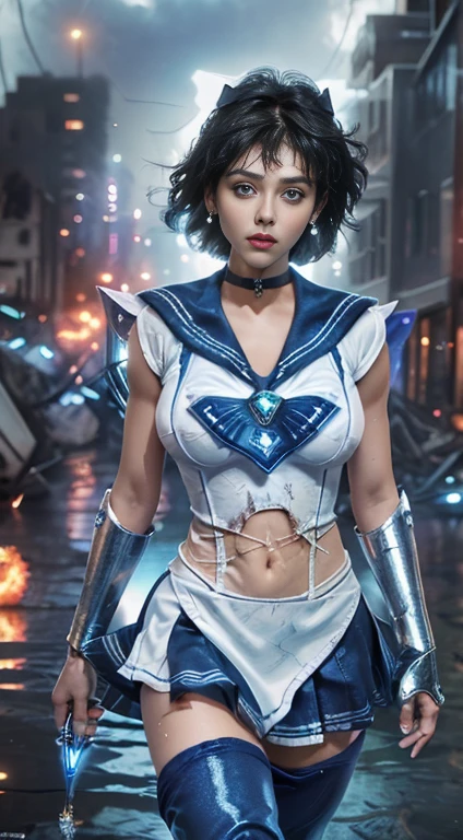 Unreal Engine:1.4,Ultra-high resolution,Best Quality:1.4, Realistic:1.4, Skin Texture:1.4, masterpiece:1.8, (Sailor Mercury:1.4), blue eyes, uniform, 両handを背中に回す、Large Breasts, tiara, Sailor Warrior Uniforms, (RAW Photos, Best Quality), masterpiece, foolish, sexy, Pelo azul corto floating, Blue sailor collar, (Over the knee boots: 1.4), choker, 白いhand袋, choker azul, 肘用hand袋, gem, Earrings, Blue Skirt:1.4, only, whole body, Shiny black hair, (hand:1.4), Octane Rendering, God of Fire, (raindrop), Wet clothes, (Dense and beautiful water), (floating), Dynamic Angle, Browsing Caution,Best Quality,masterpiece,Ultra-high resolution,(Cowboy Shot:1.3),(Realistic:1.4),RAW Photos 8K,Cinema Lighting,Official Art,evening, //, Messy Hair, Large Breasts,,hermosas feet,naked,Tall Woman,skinny,Delgado_feet,thigh_gap,(Watching the audience:1.2),model,thighs negros,Dynamic pose,High heels,from the front,liar,show ,(Apocalyptic Destroyed City:1.4), ((Missionary anal penetration)),((feet abiertas)),((Extreme close up)),(Super detailed),Portraiture,(masterpiece),(Best Quality),(Super detailed),Professional Lighting, mercury