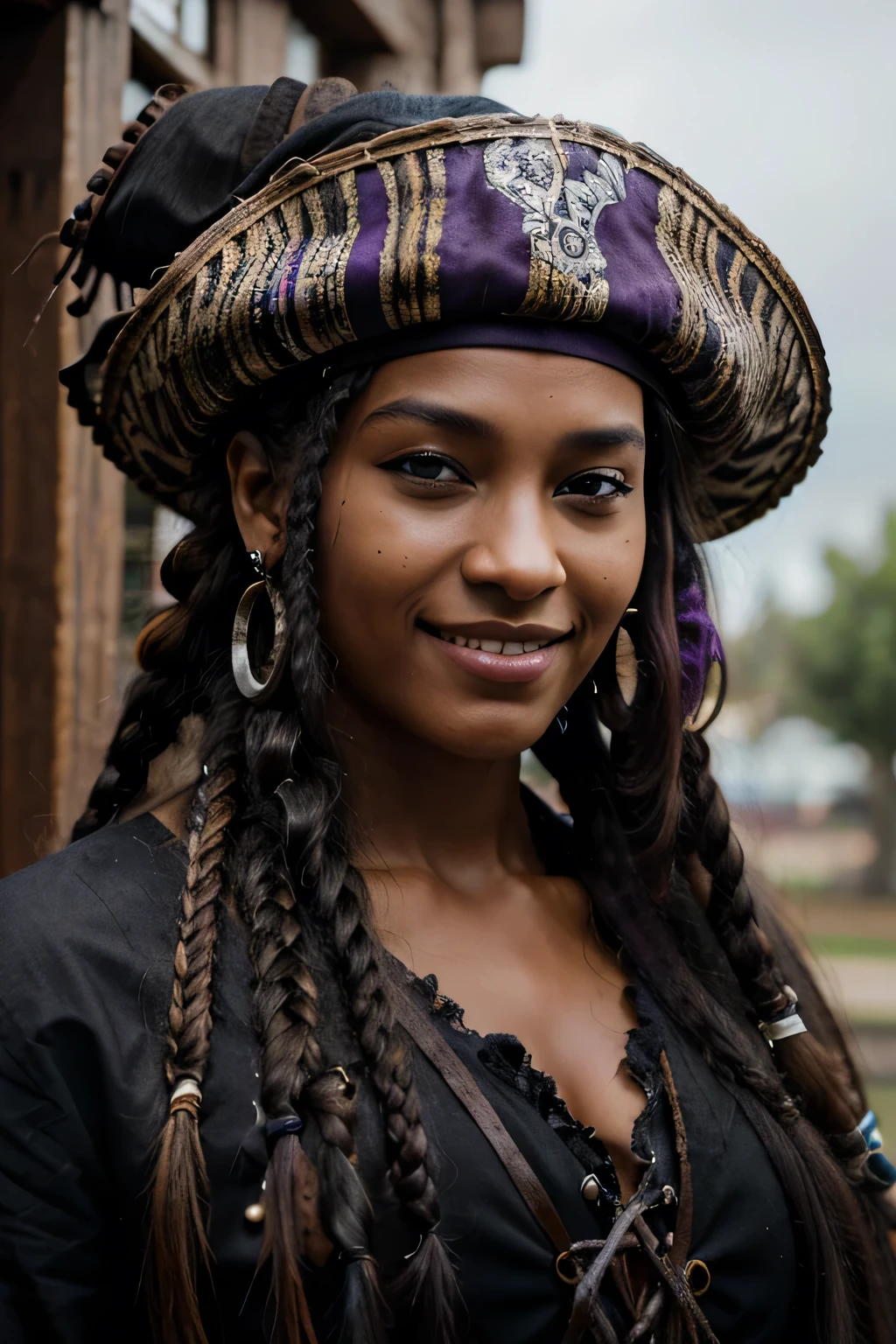 young black pirate with black braids,medium:[oil painting],best quality,photorealistic,professional,extremely detailed face and eyes,detailed multiple braided hair with curly bang,weathered pirate hat,worn pirate clothes, dark purple color scheme, queen-like clothes, evil smile