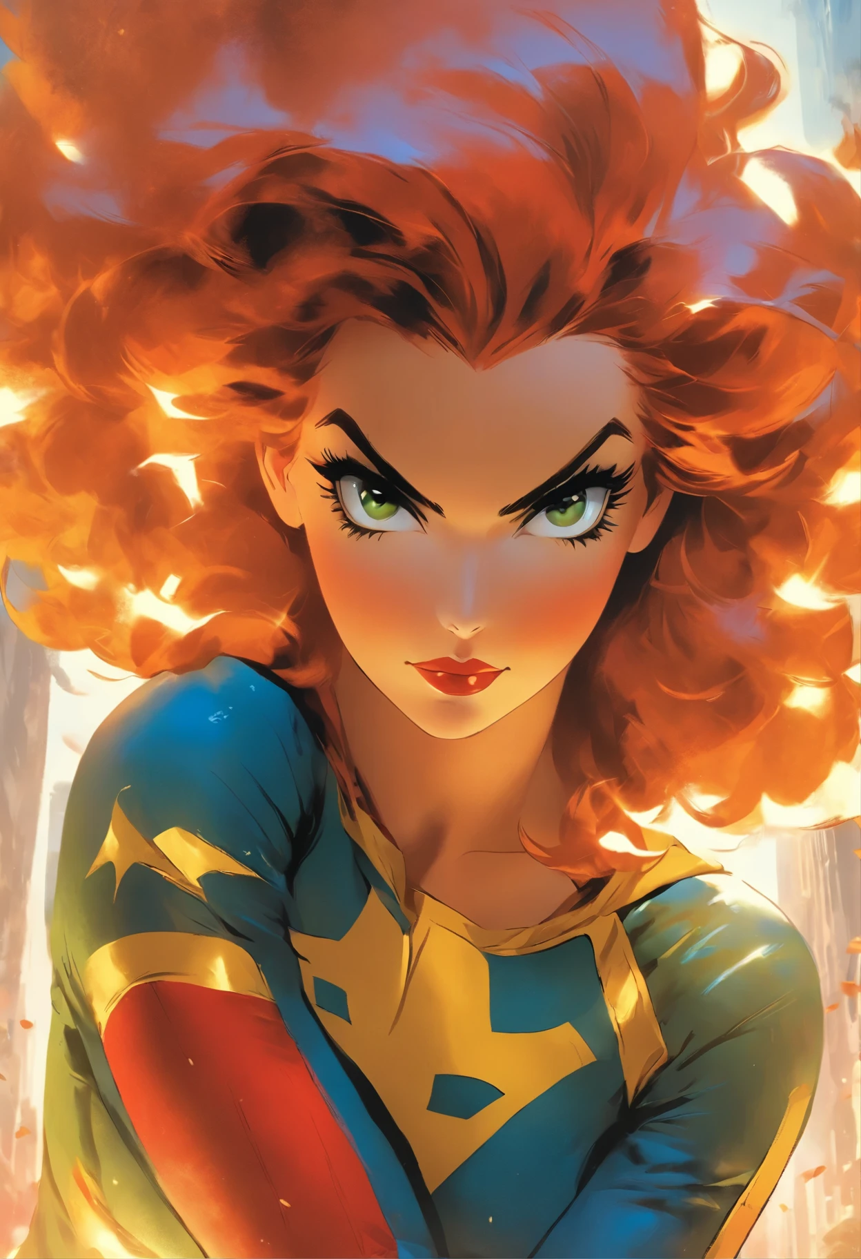 4k, digital painting, comic babes, American WWII poster, gil elvgren style ((detailed skin)) (((A young woman with long size straight red hair in superhero pose with yellow T-shirt and blue jeans))) ((detailed look entirely red with gold)) (cars in the background of the image) (((robotic left arm)) (((cyberpunk arm))) adobe lightroom, hero uniform, 1 girl, Alone, Good body, small breasts , Side light, poster art style. 1980s, 1950s, 1960s, 1940s, basic color scheme, very colorful poster, colorful art, third rule, inspirational, woman, 1 40-year-old woman, hair in the wind, Looking to the viewer, blurred background, curvy body, green eyes