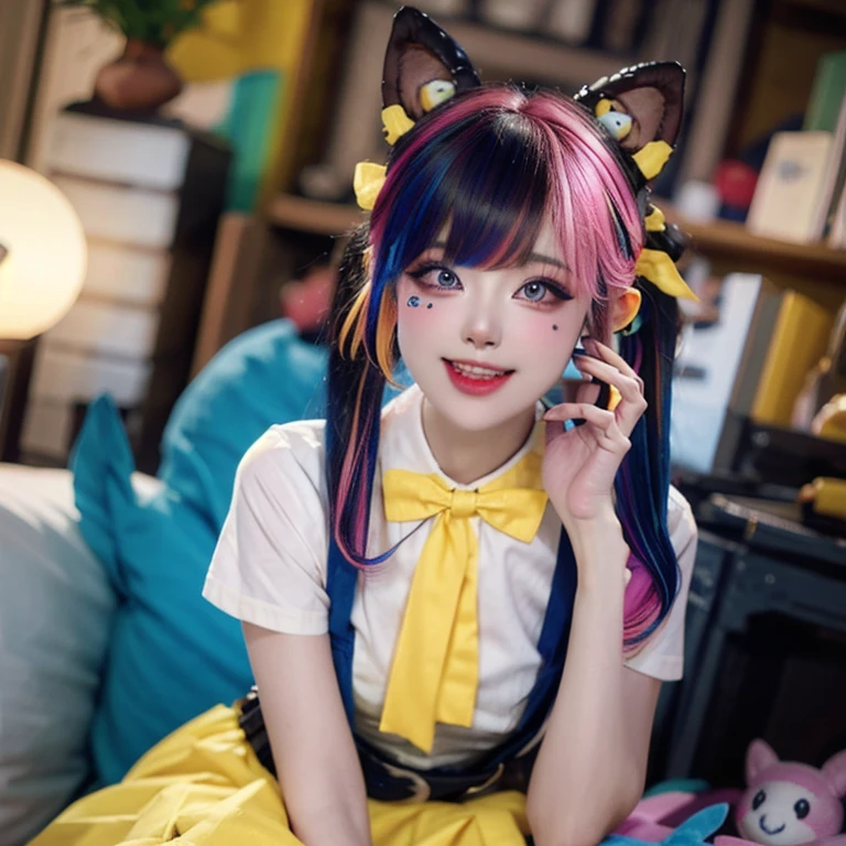 1girl, twintails,( multicolored hai:1.5)r, hair over one eye, x hair ornament, hair ornament, blue eyes, blue hair, smile, bow, pink hair, blonde hair, solo, looking at viewer, yellow bow, indoors, heart, makeup, skirt, selfie, phone, dress, teeth, hairclip, monitor, reaching towards viewer, long hair, bangs, short sleeves, pink nails, bowtie, suspenders, yellow bowtie, hair tie, open mouth, computer, stuffed toy, sitting, shirt, livestream, belt, quad tails, pill, v,sparkle,violet lighting,,the most beautiful form of chaos, elegant, a brutalist designed, vivid colours, romanticism, atmospheric, (RAW photo, best quality), (realistic, photo-realistic:1.3), masterpiece, an extremely delicate and beautiful, extremely detailed,, (floating colorful {wind|water magic|ink|crystals|fire|ice|flame|lightning|web|rocks|sand|particles|sparkles|blood}:1),