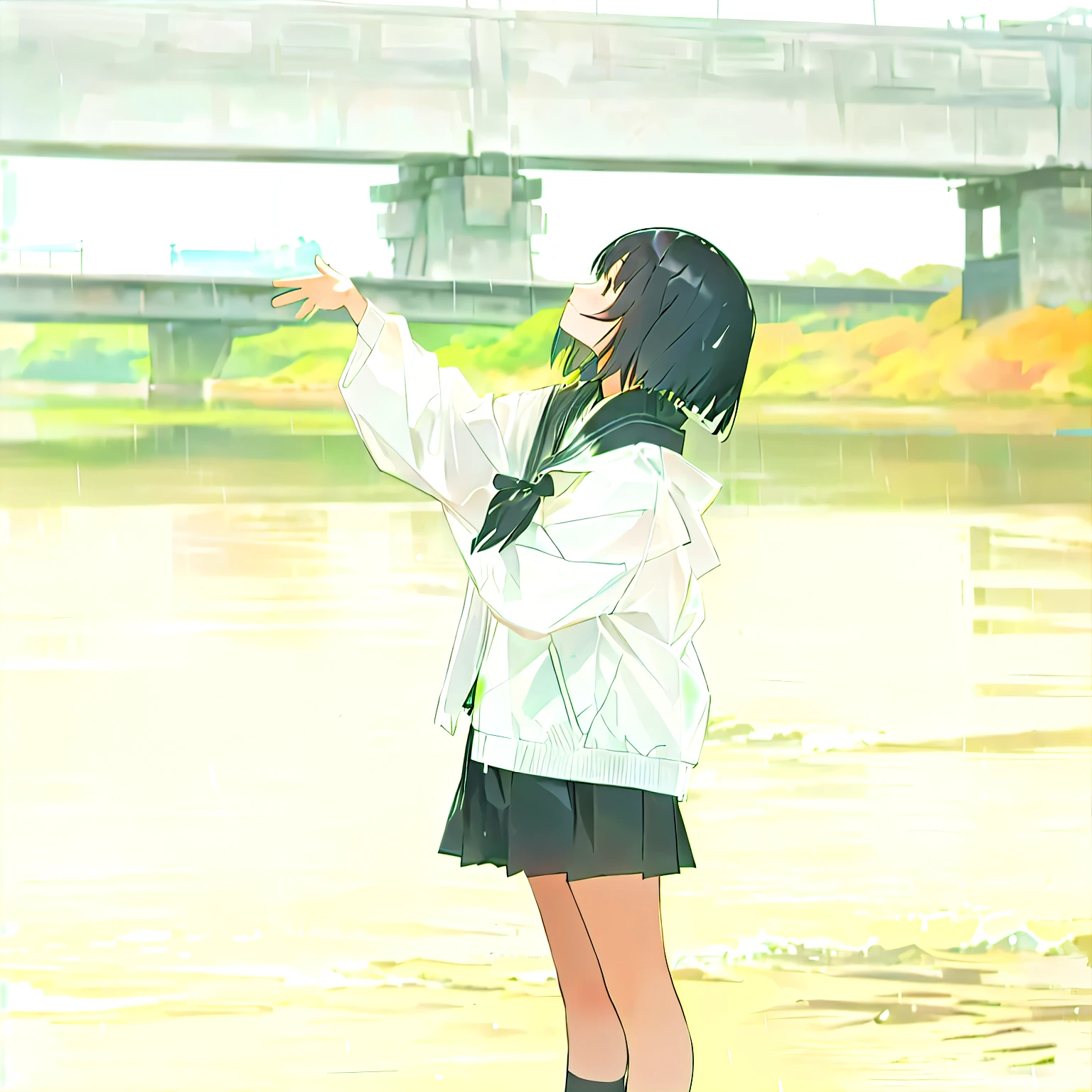 Japanese girl, short hair, standing in the river, infront of a bridge, black skirt, gray jacket, rain