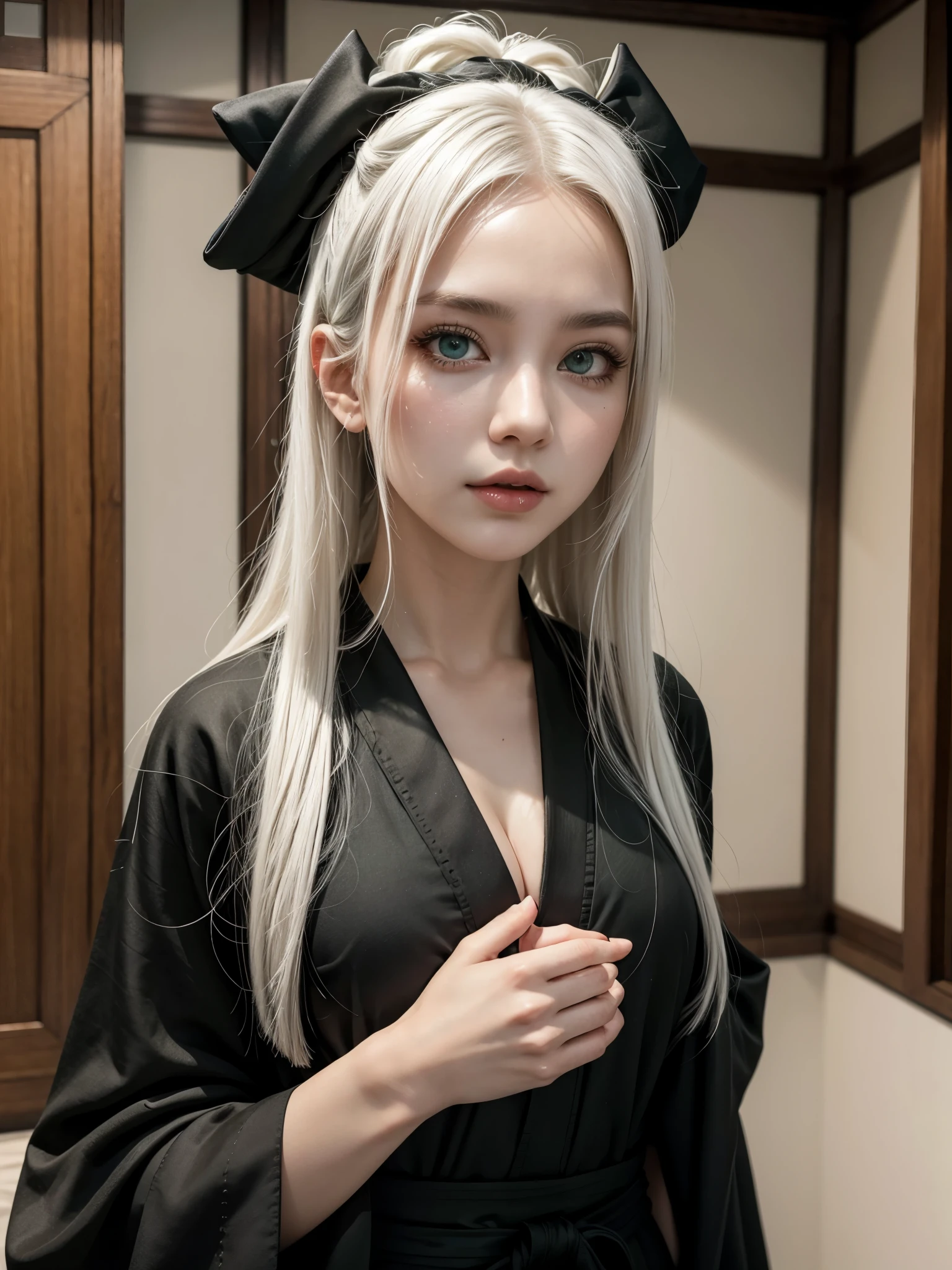 Hot girl, white hair, green eyes, full black kimono
