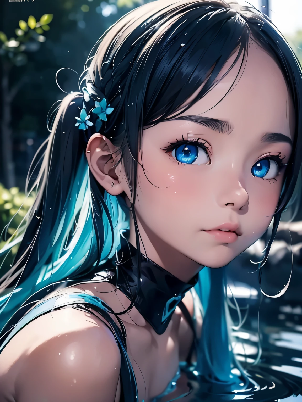 (masterpiece、highest quality、highest quality、Official Art、Beautiful and beautiful:1.2)、(One girl:1.3)Hatsune Miku、Twin tails,Big Breasts,Very close-up portrait with low exposure inspired by the cover art of Wind of Change by MAXPVNK, Of a girl with dark blue hair facing the camera, Her face sank nicely to nose level, still, Shining neon blue Rent Water, Only her blue eyeballs、I saw the focus shining brightly under a glowing surface looking directly at the viewer, Small delicate blue flowers adorn her hair, Against a dark blurred background, Complex ripples of water radiating from her nose, Highly detailed rainbow anime art style digital painting, --1 included:1 --niji